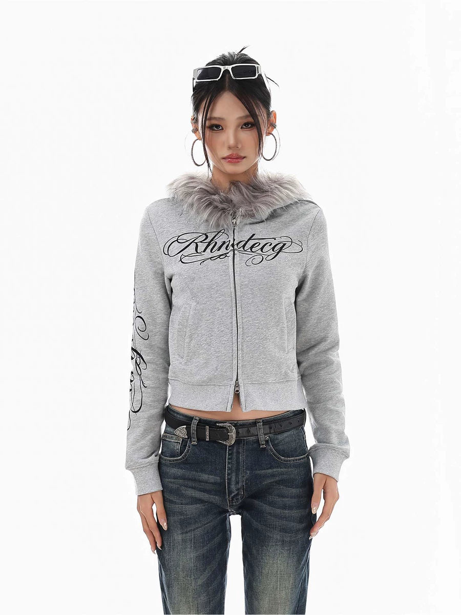 Women's Fur-Collar Slim-Fit Crystal Cropped Retro Hoodie Sweatshirt for Casual Streetwear Fall Travel and Weekend Everyday Date Night