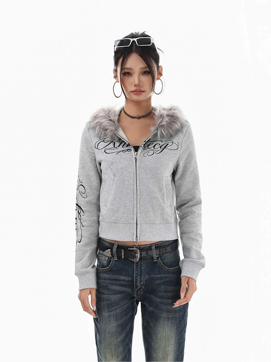 Women's Fur-Collar Slim-Fit Crystal Cropped Retro Hoodie Sweatshirt for Casual Streetwear Fall Travel and Weekend Everyday Date Night