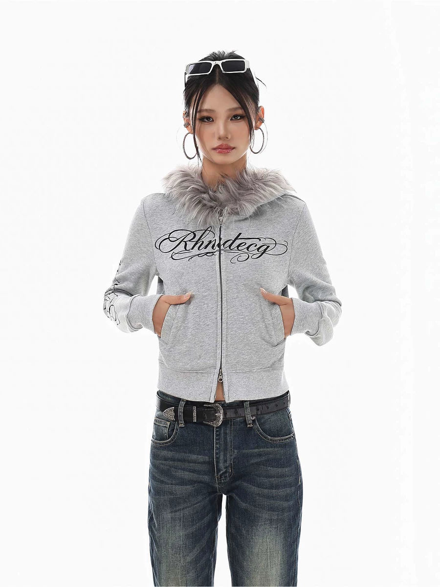 Women's Fur-Collar Slim-Fit Crystal Cropped Retro Hoodie Sweatshirt for Casual Streetwear Fall Travel and Weekend Everyday Date Night