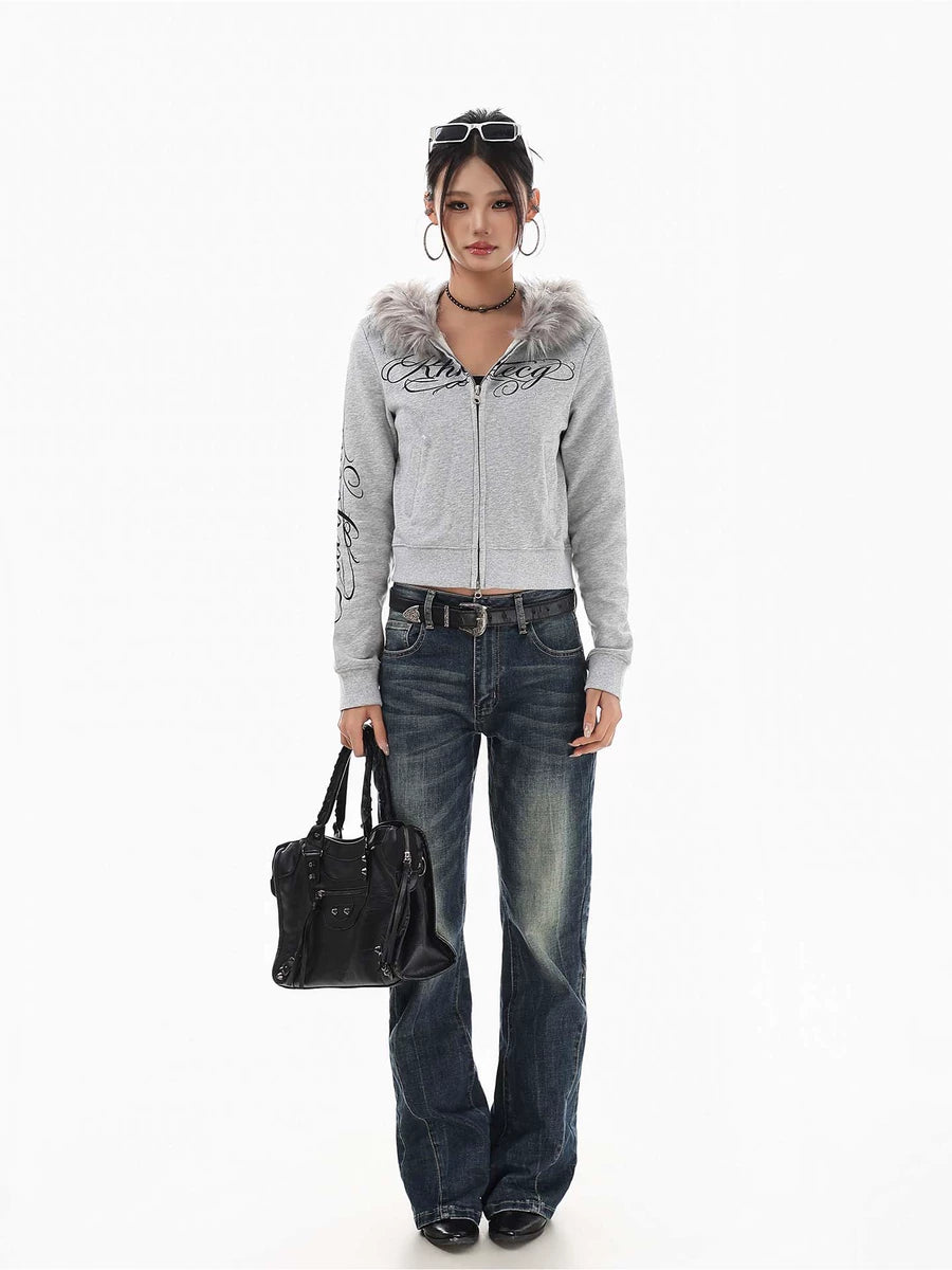 Women's Fur-Collar Slim-Fit Crystal Cropped Retro Hoodie Sweatshirt for Casual Streetwear Fall Travel and Weekend Everyday Date Night