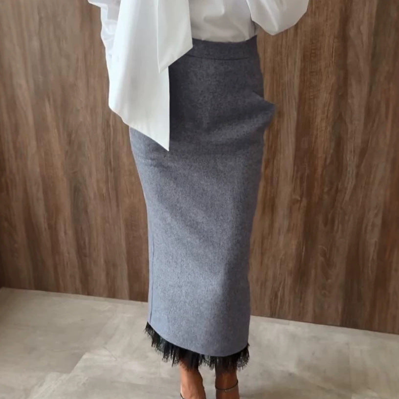 Women's Straight Grey Lace Office French-inspired Workwear Winter Coat Wrap Trench