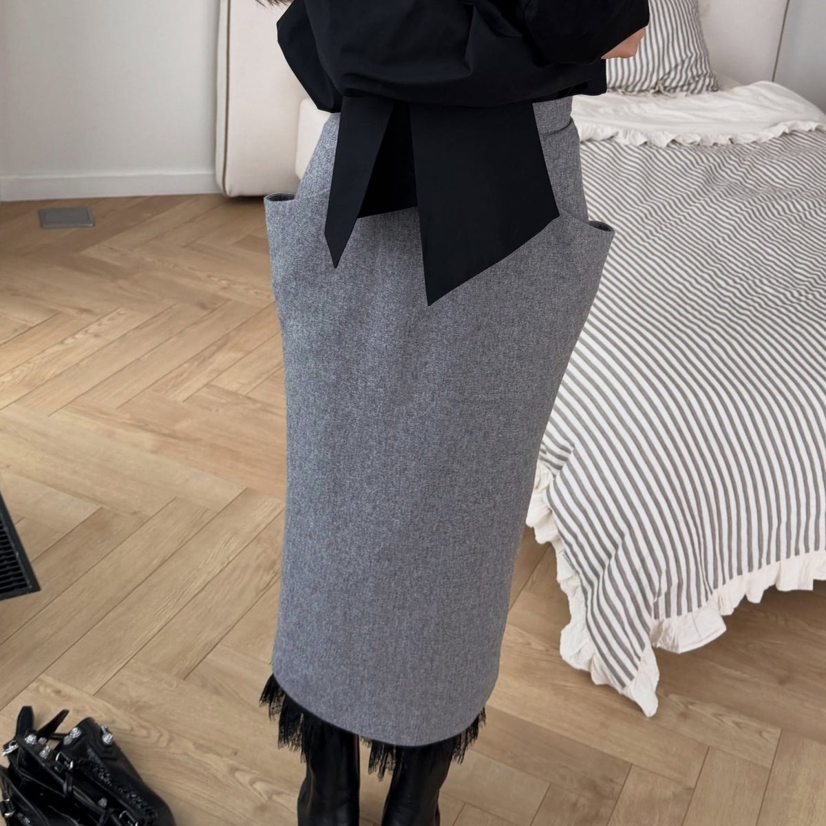 Women's Straight Grey Lace Office French-inspired Workwear Winter Coat Wrap Trench