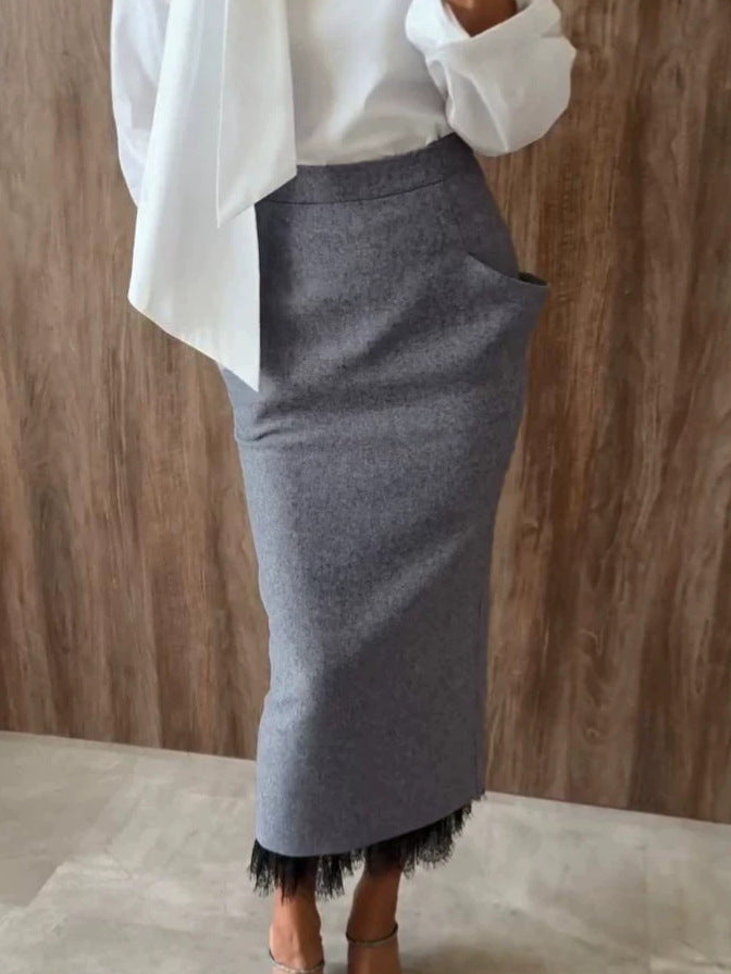 Women's Straight Grey Lace Office French-inspired Workwear Winter Coat Wrap Trench