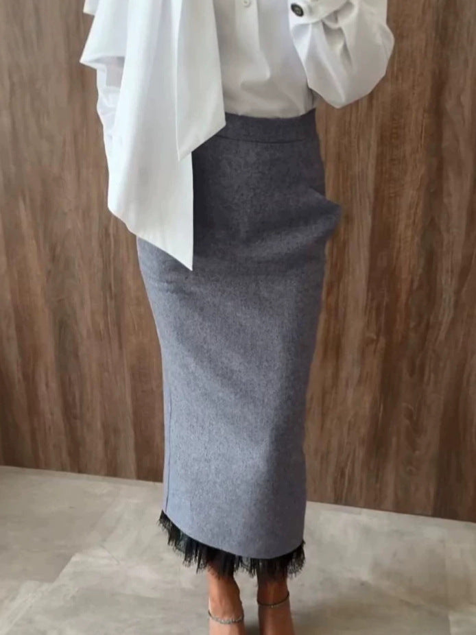 Women's Straight Grey Lace Office French-inspired Workwear Winter Coat Wrap Trench