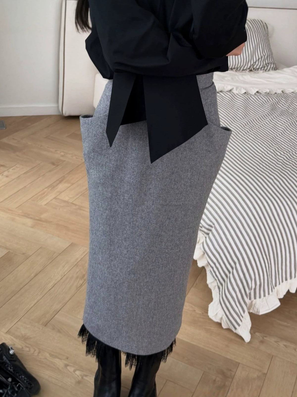 Women's Straight Grey Lace Office French-inspired Workwear Winter Coat Wrap Trench
