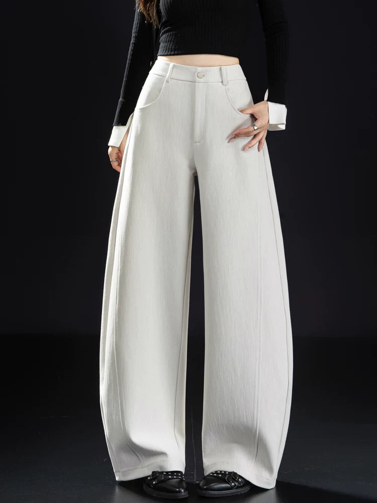 Women's Wool Fall Winter Apricot Workwear Casual Wide-Leg Pants for Office Outfits Business Travel Comfort Weekend Everyday