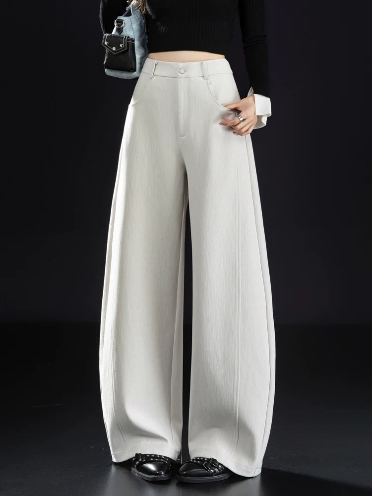 Women's Wool Fall Winter Apricot Workwear Casual Wide-Leg Pants for Office Outfits Business Travel Comfort Weekend Everyday