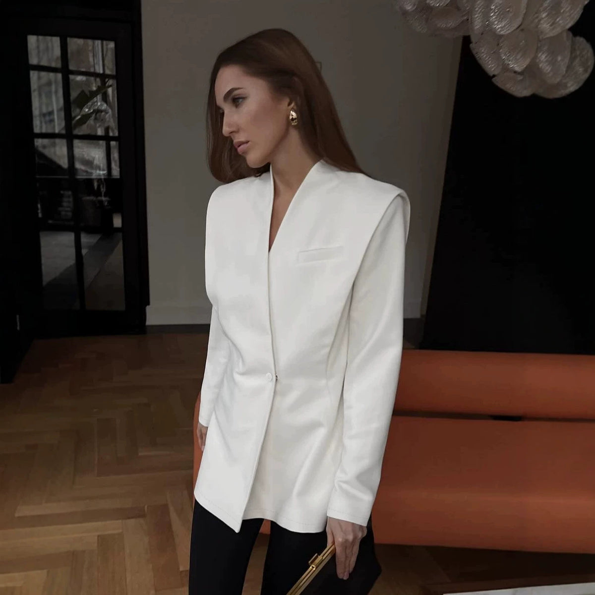 Women's V-Neck Winter White Oversized Long Sleeve French-Inspired Casual Blazer Office Workwear Jacket