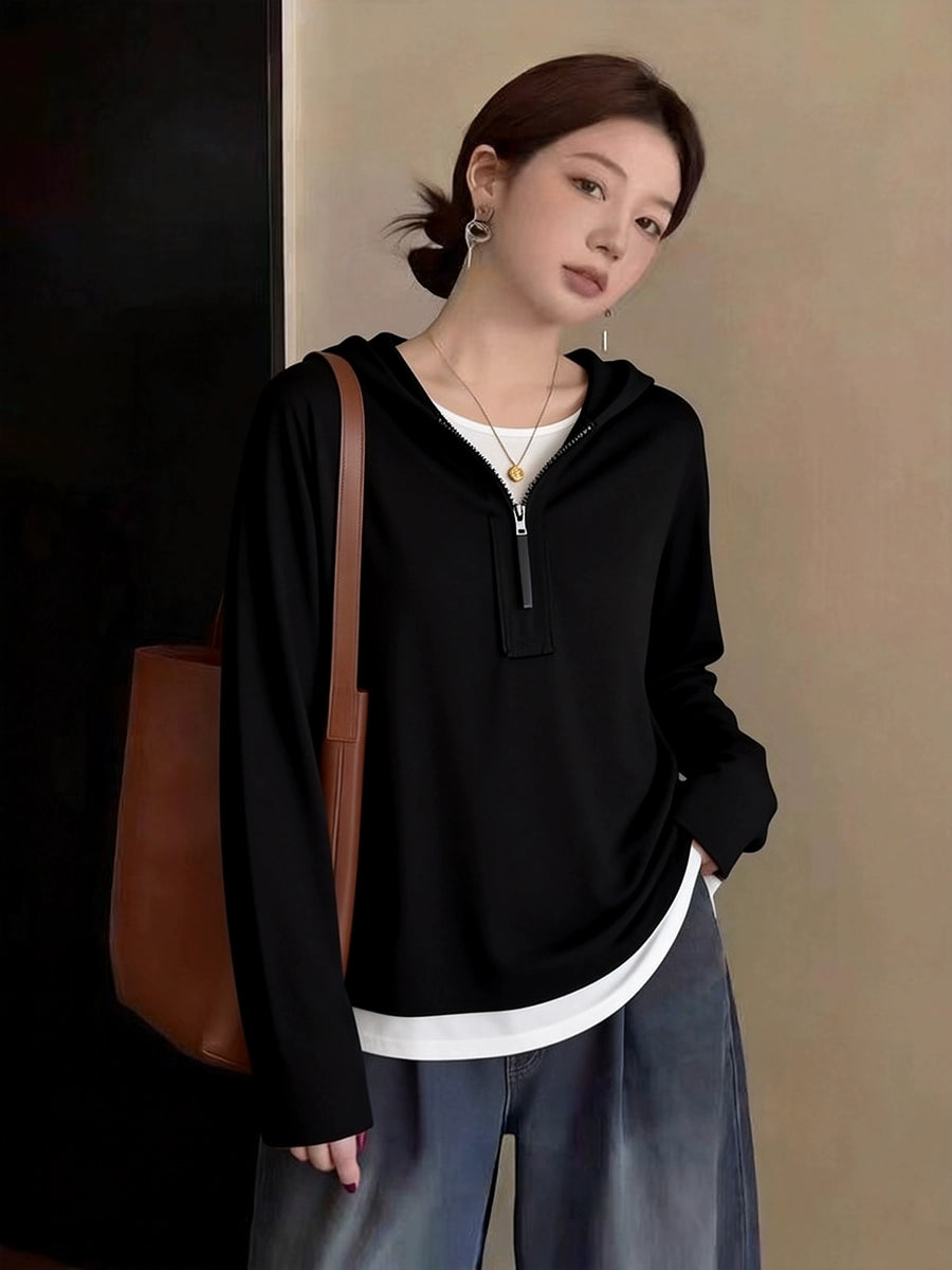 Women's Plus Size Oversized Long Sleeve Zip Layered Hoodie Color-Block Sweatshirt for Casual Streetwear Fall Travel and Weekend Everyday Date Night