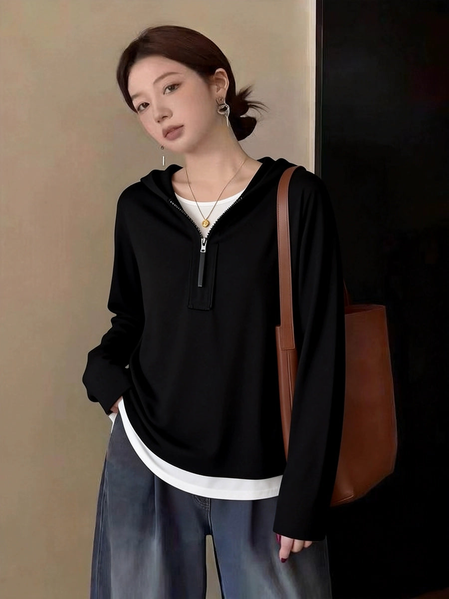 Women's Plus Size Oversized Long Sleeve Zip Layered Hoodie Color-Block Sweatshirt for Casual Streetwear Fall Travel and Weekend Everyday Date Night