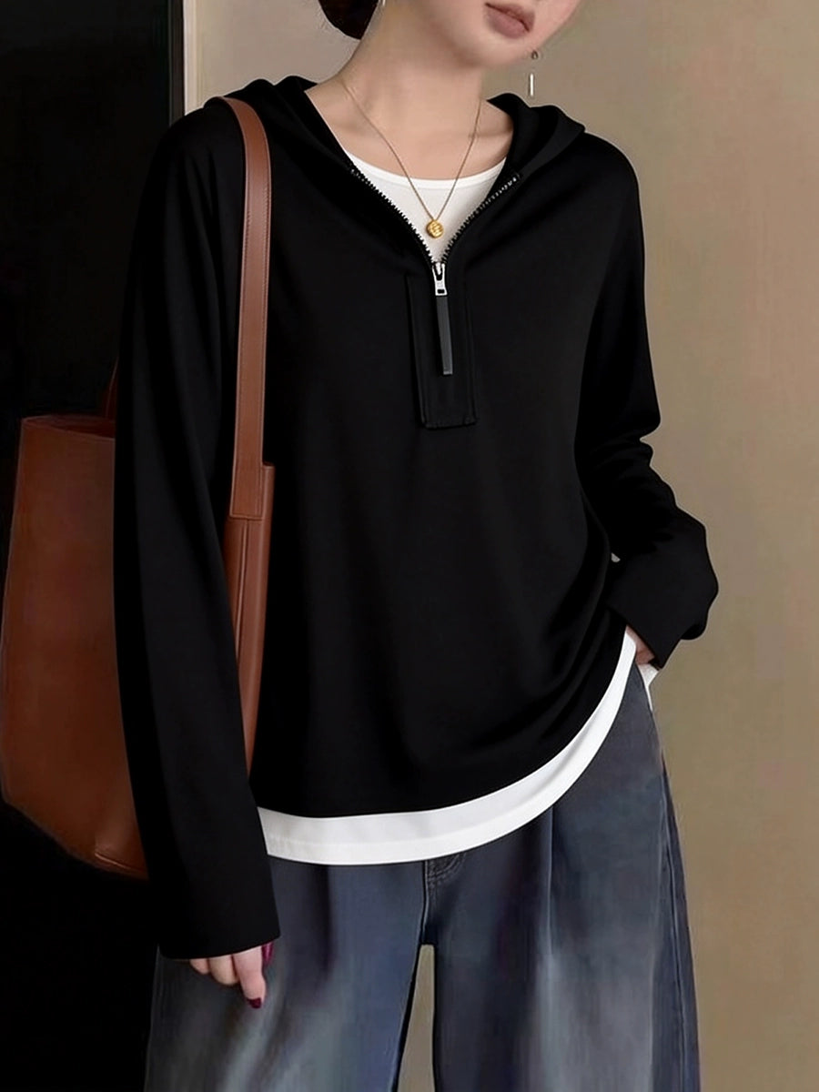 Women's Plus Size Oversized Long Sleeve Zip Layered Hoodie Color-Block Sweatshirt for Casual Streetwear Fall Travel and Weekend Everyday Date Night