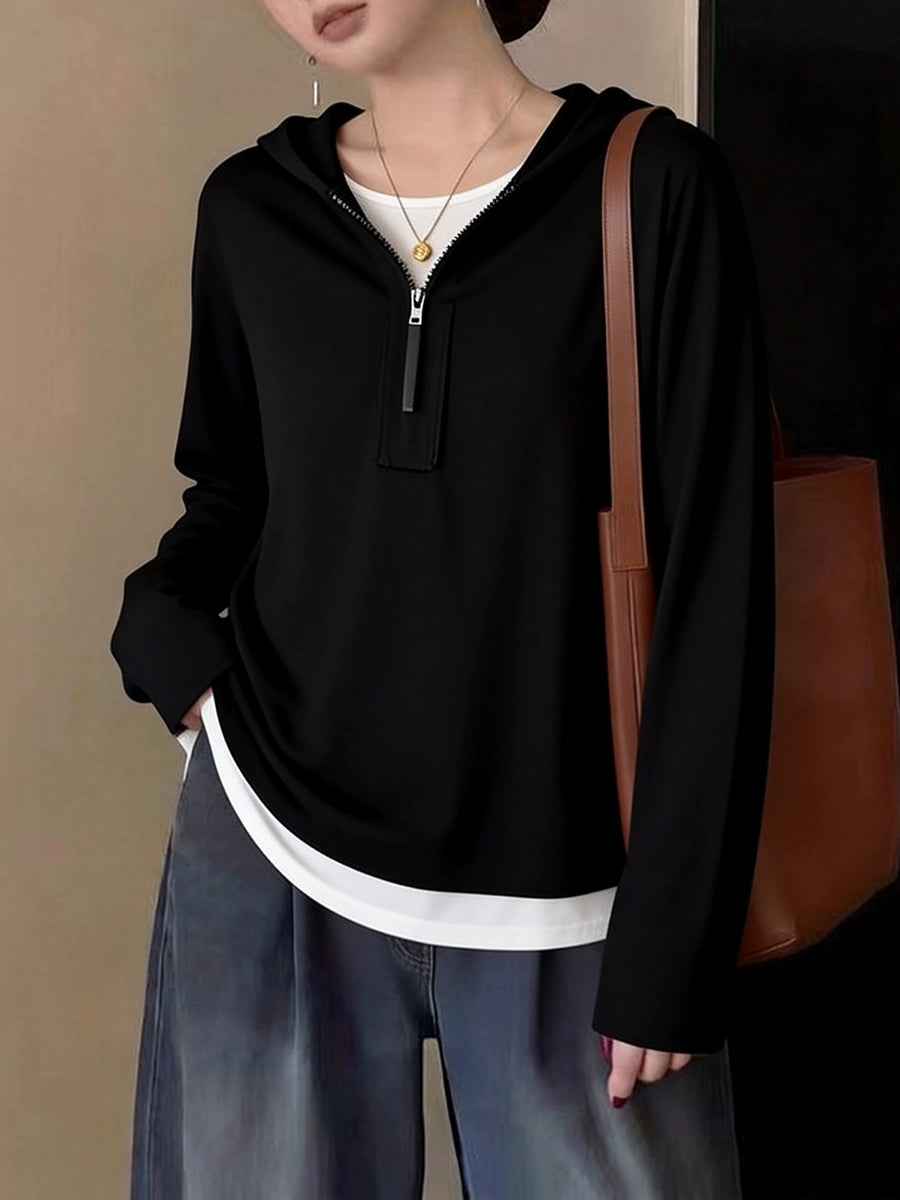 Women's Plus Size Oversized Long Sleeve Zip Layered Hoodie Color-Block Sweatshirt for Casual Streetwear Fall Travel and Weekend Everyday Date Night