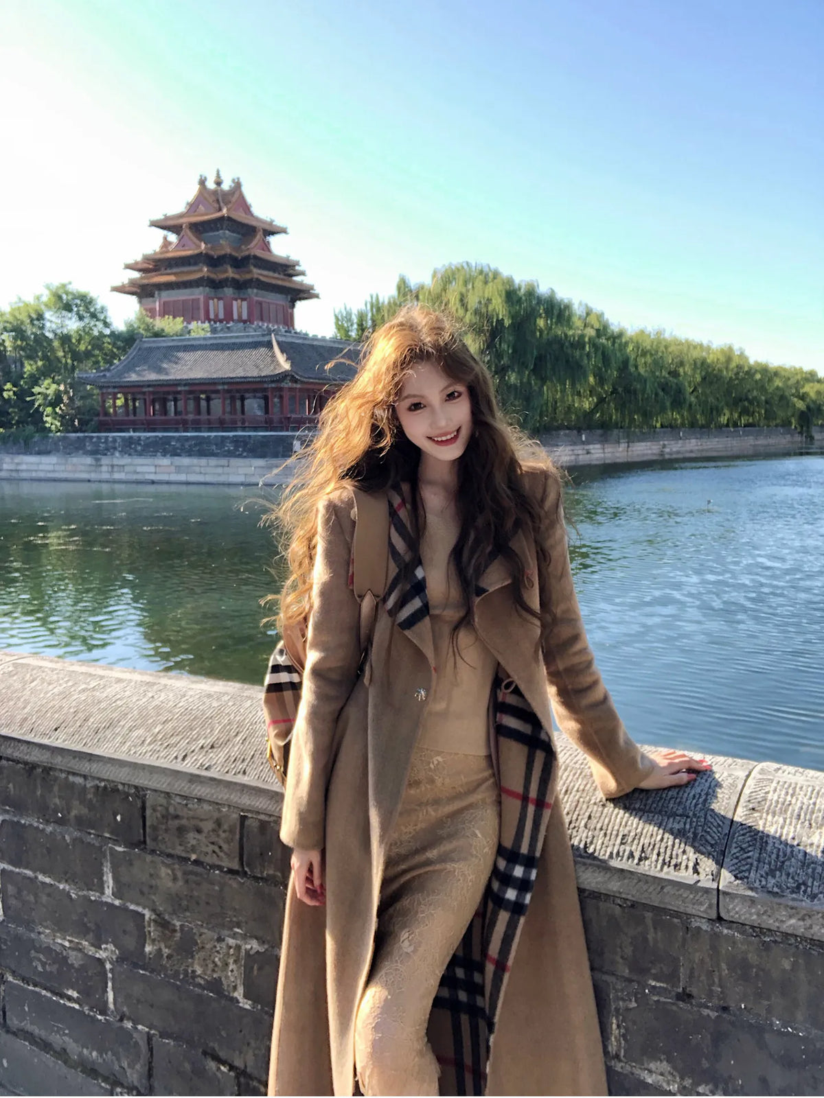 Women's Wool Fall Winter Slim-Waist Longline Midi Korean-Style Coat Wrap for Cold Weather Travel Office Holiday Date Night