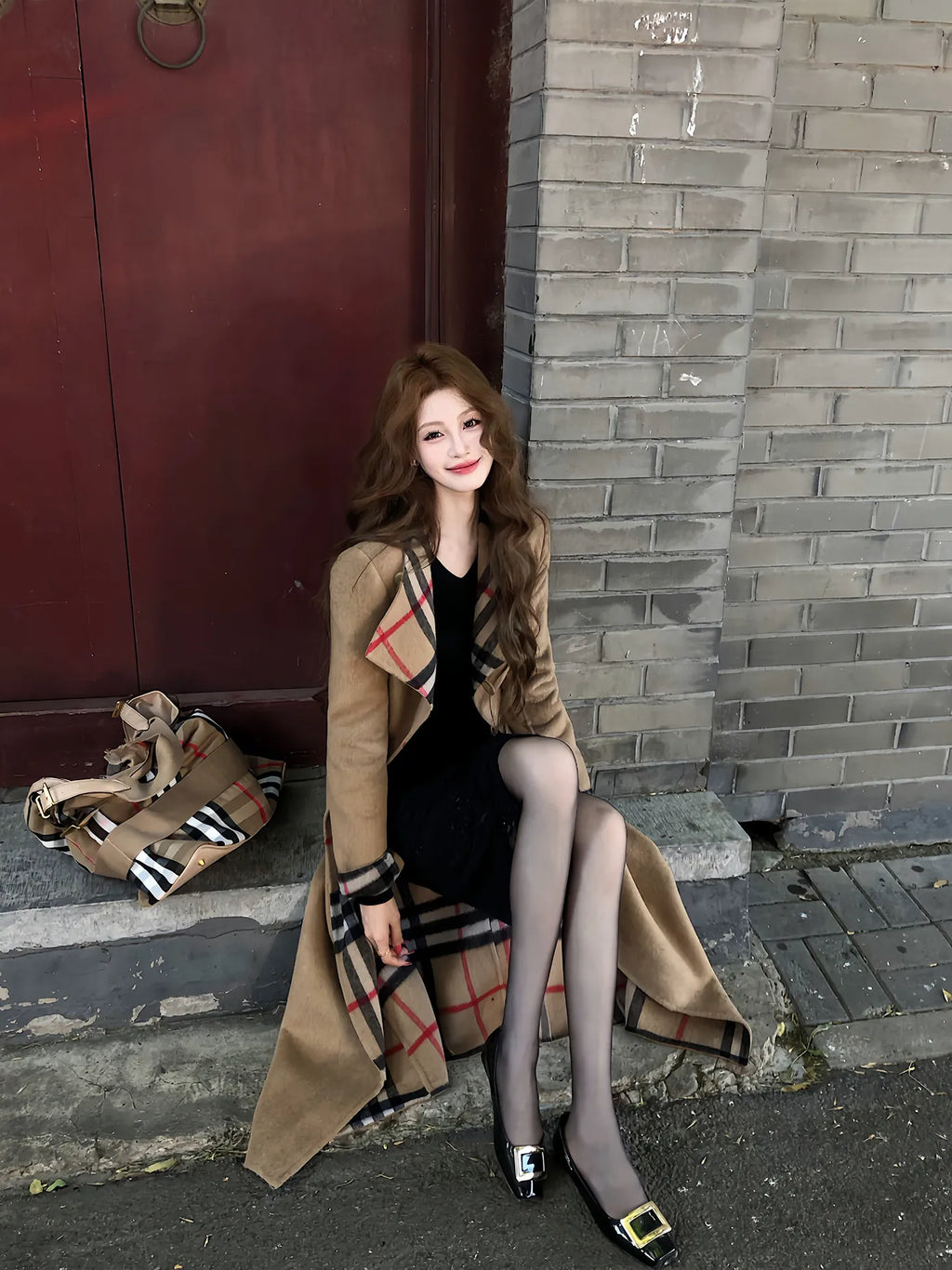 Women's Wool Fall Winter Slim-Waist Longline Midi Korean-Style Coat Wrap for Cold Weather Travel Office Holiday Date Night