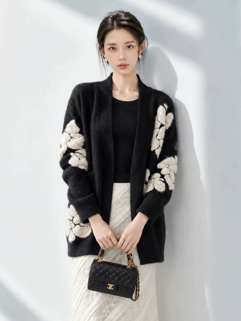 Women's Black Knit Floral Relaxed Hoodie Cardigan Open-Front Sweatshirt Jacket for Office Outfits Fall Spring Travel Everyday Date Night