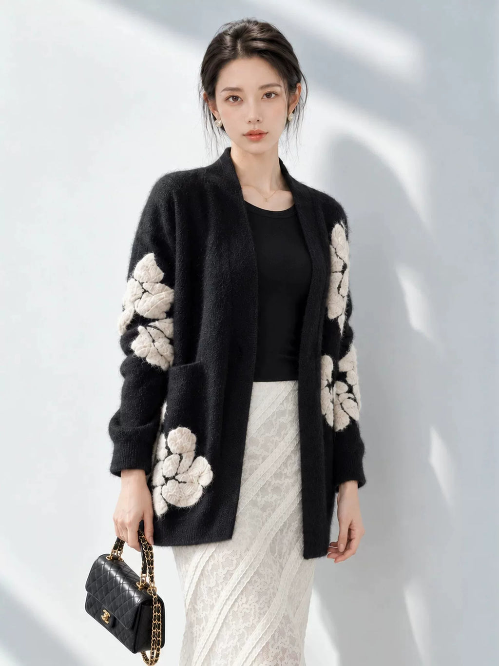 Women's Black Knit Floral Relaxed Hoodie Cardigan Open-Front Sweatshirt Jacket for Office Outfits Fall Spring Travel Everyday Date Night