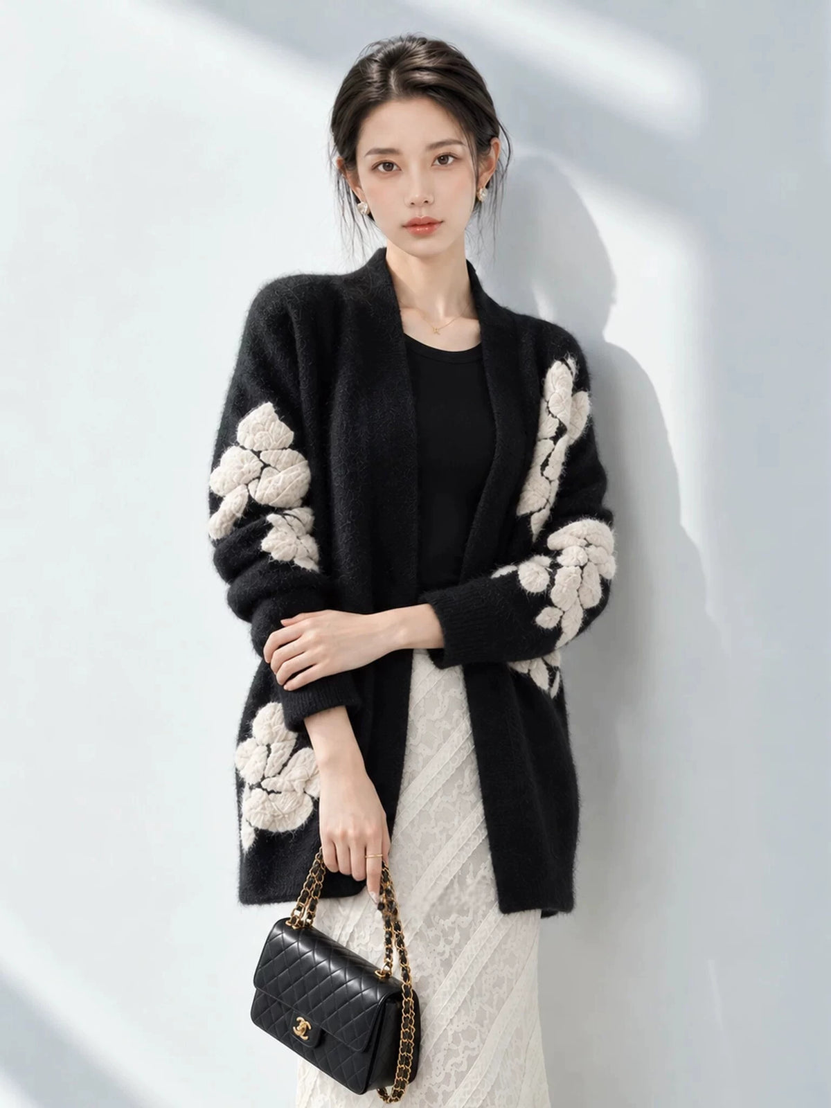 Women's Black Knit Floral Relaxed Hoodie Cardigan Open-Front Sweatshirt Jacket for Office Outfits Fall Spring Travel Everyday Date Night