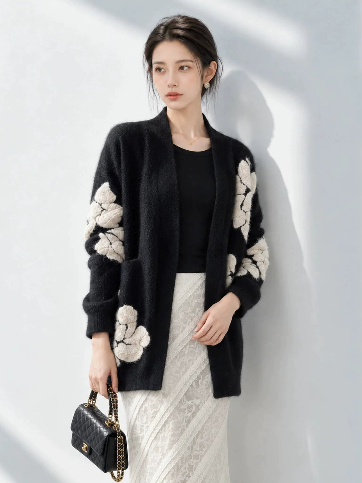 Women's Black Knit Floral Relaxed Hoodie Cardigan Open-Front Sweatshirt Jacket for Office Outfits Fall Spring Travel Everyday Date Night