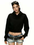 Women's Black Slim-Fit Cropped Relaxed Hoodie Sweatshirt for Casual Streetwear Fall Travel and Weekend Everyday Date Night