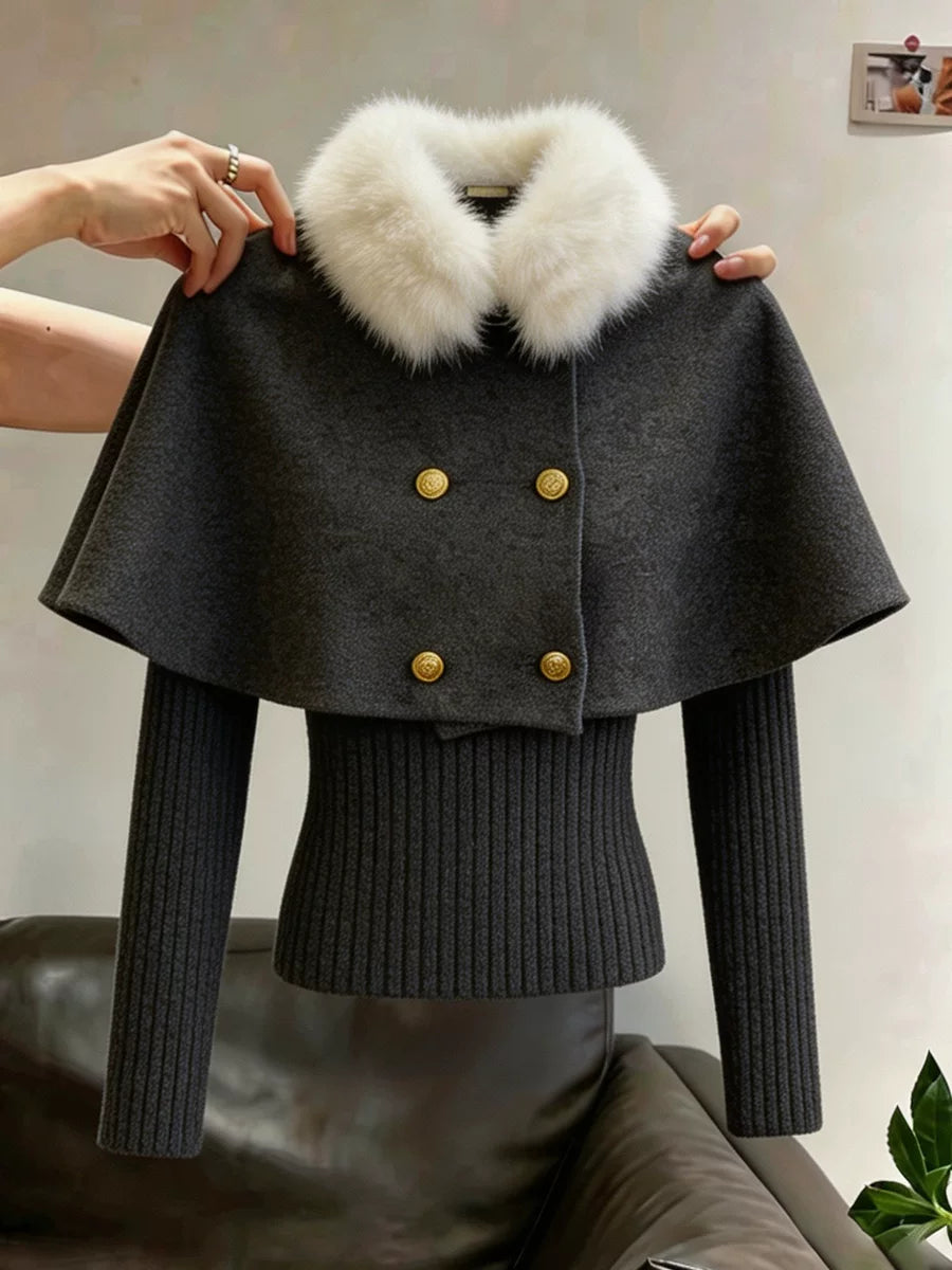 Women's Fall Winter Grey Double-Breasted Christmas Plush Knit Cape Shawl for Office and Travel Evening