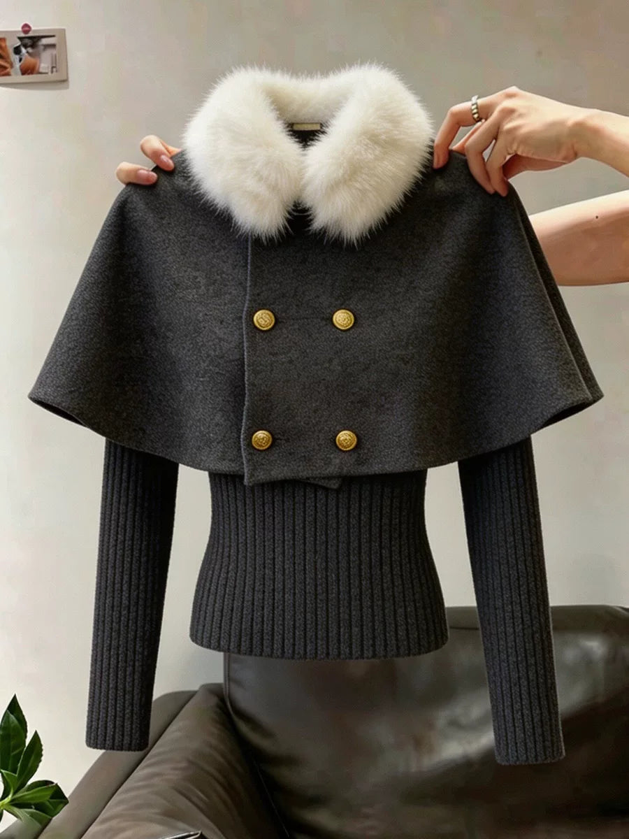 Women's Fall Winter Grey Double-Breasted Christmas Plush Knit Cape Shawl for Office and Travel Evening