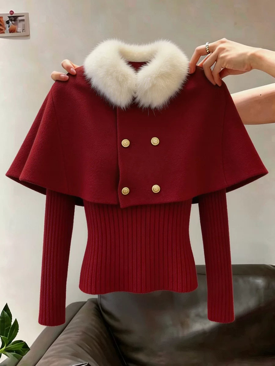 Women's Fall Winter Grey Double-Breasted Christmas Plush Knit Cape Shawl for Office and Travel Evening