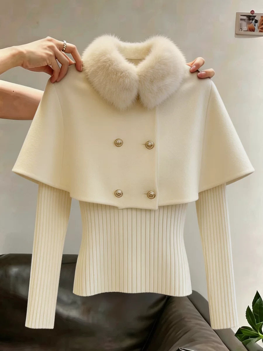 Women's Fall Winter Grey Double-Breasted Christmas Plush Knit Cape Shawl for Office and Travel Evening