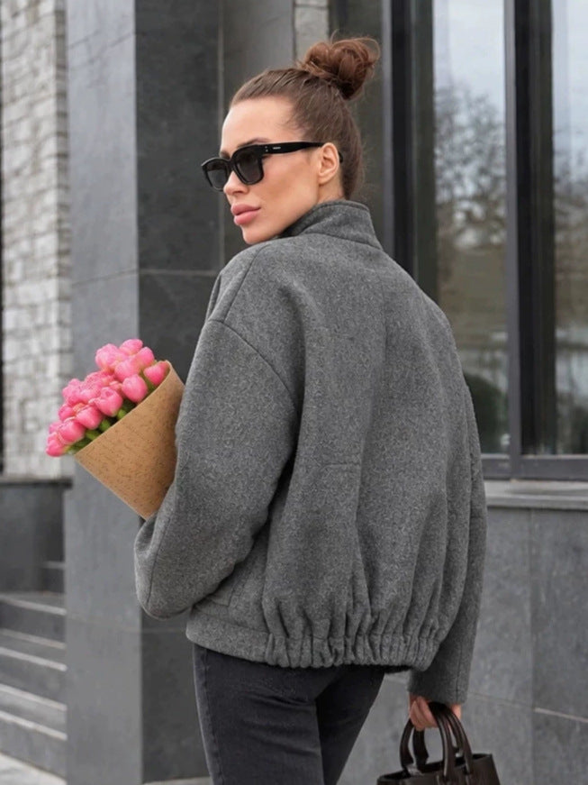 Women's Grey Mandarin Collar Oversized Casual Winter Coat Wrap Trench Fall Office