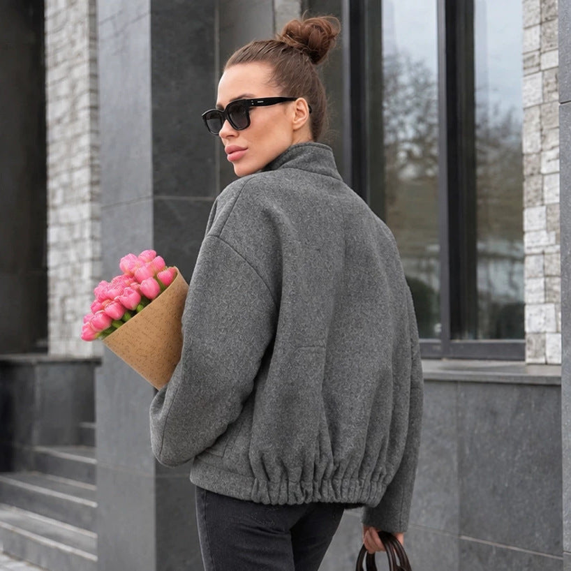 Women's Grey Mandarin Collar Oversized Casual Winter Coat Wrap Trench Fall Office