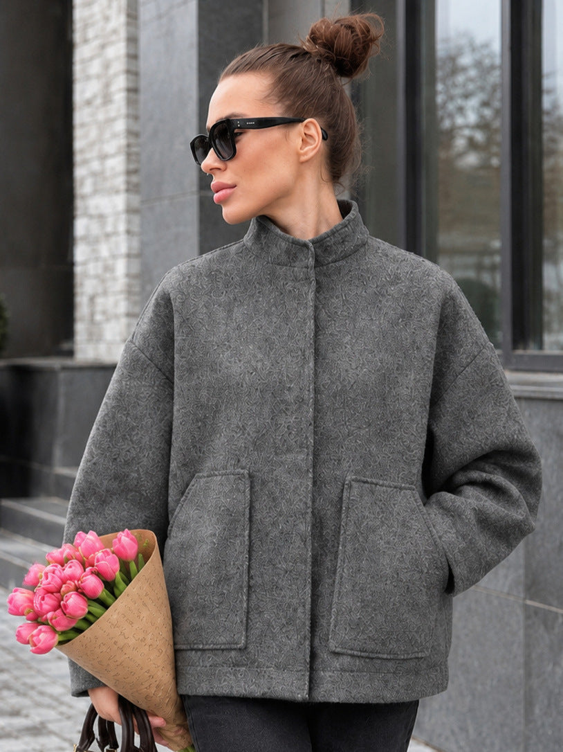 Women's Grey Mandarin Collar Oversized Casual Winter Coat Wrap Trench Fall Office
