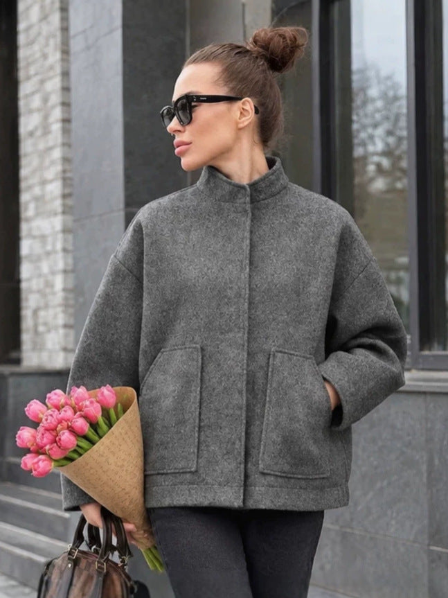 Women's Grey Mandarin Collar Oversized Casual Winter Coat Wrap Trench Fall Office