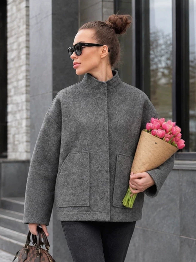 Women's Grey Mandarin Collar Oversized Casual Winter Coat Wrap Trench Fall Office
