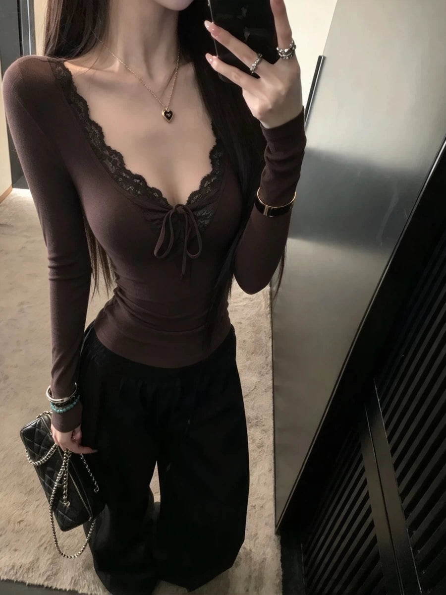 Women's Lace Slim-fit Bow Long Sleeve Brown-tone Top Fashion Blouse Shirt for Office Outfits Business Casual Streetwear Slimming Weekend