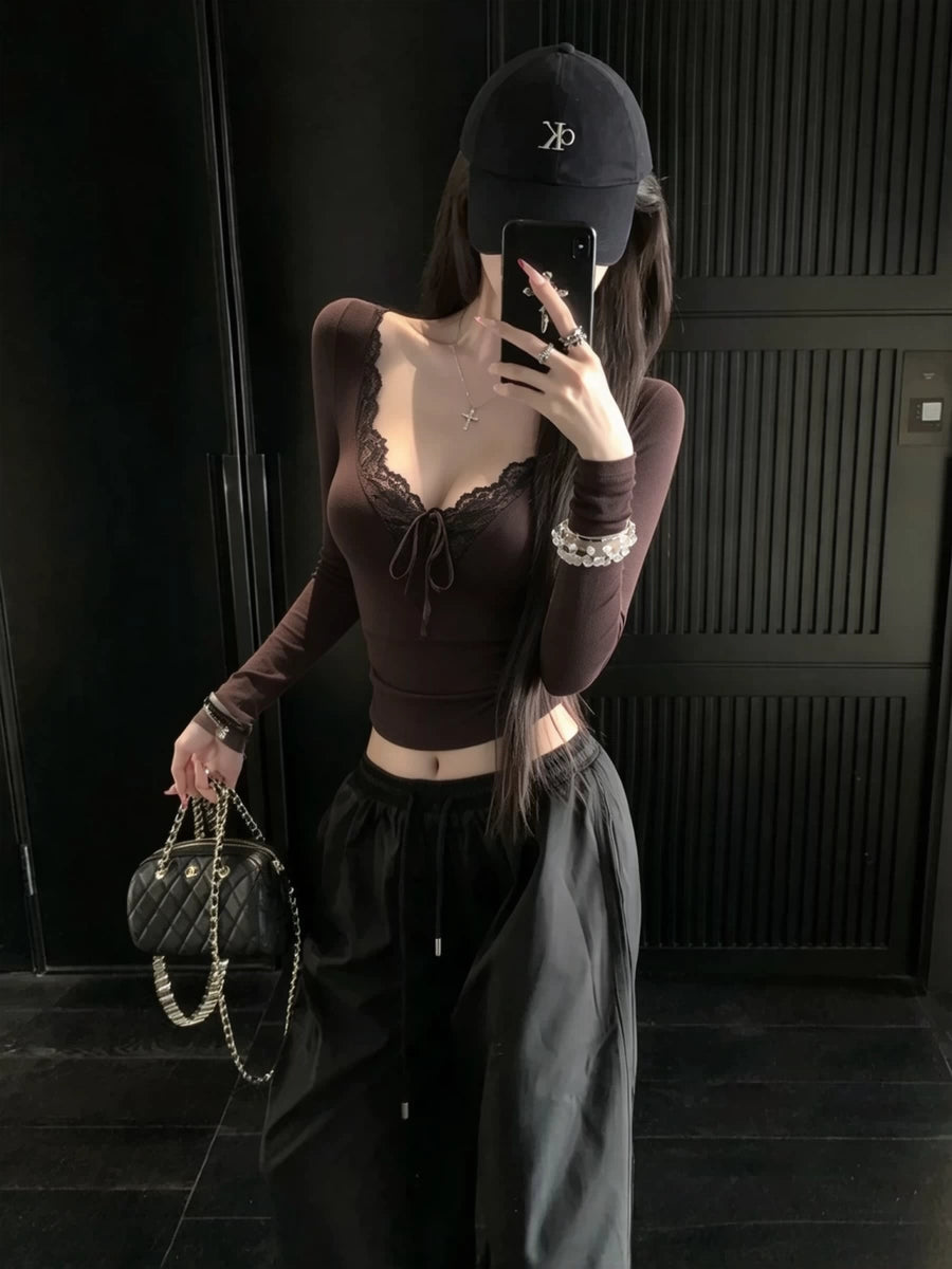 Women's Lace Slim-fit Bow Long Sleeve Brown-tone Top Fashion Blouse Shirt for Office Outfits Business Casual Streetwear Slimming Weekend