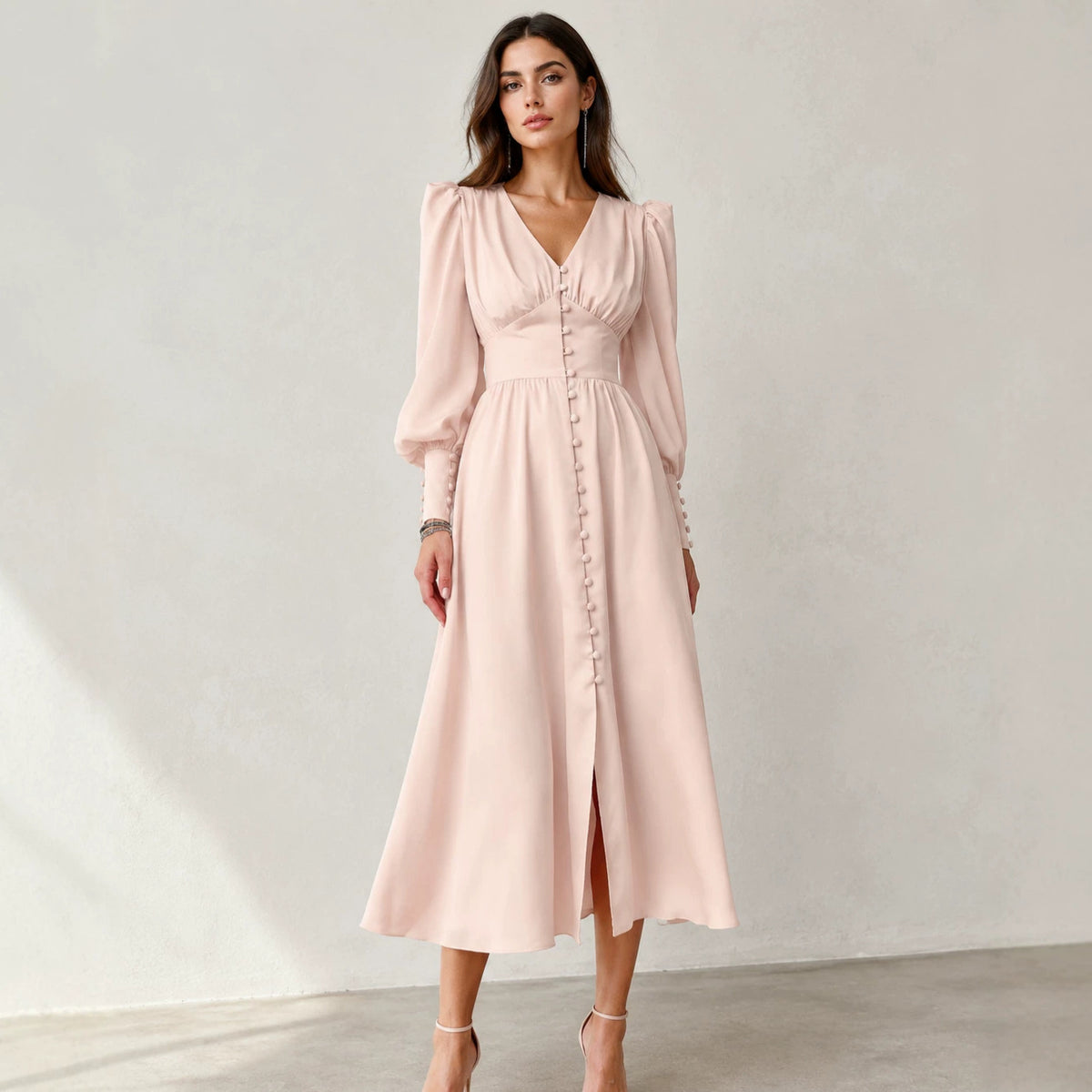 Women's V-Neck Winter Slim-Waist Satin Lantern Sleeve A-Line Dress Party Evening Outfit Day