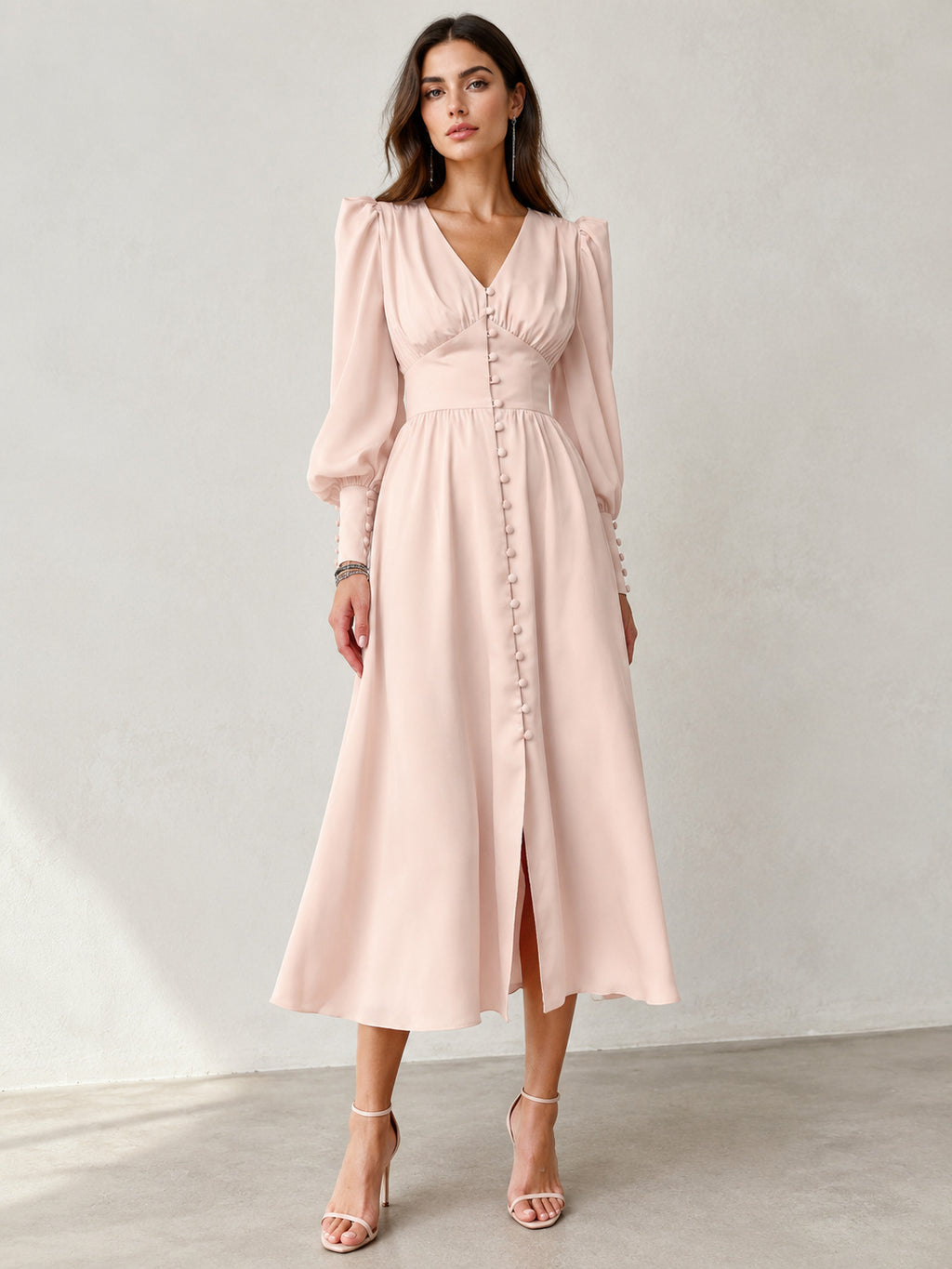 Women's V-Neck Winter Slim-Waist Satin Lantern Sleeve A-Line Dress Party Evening Outfit Day