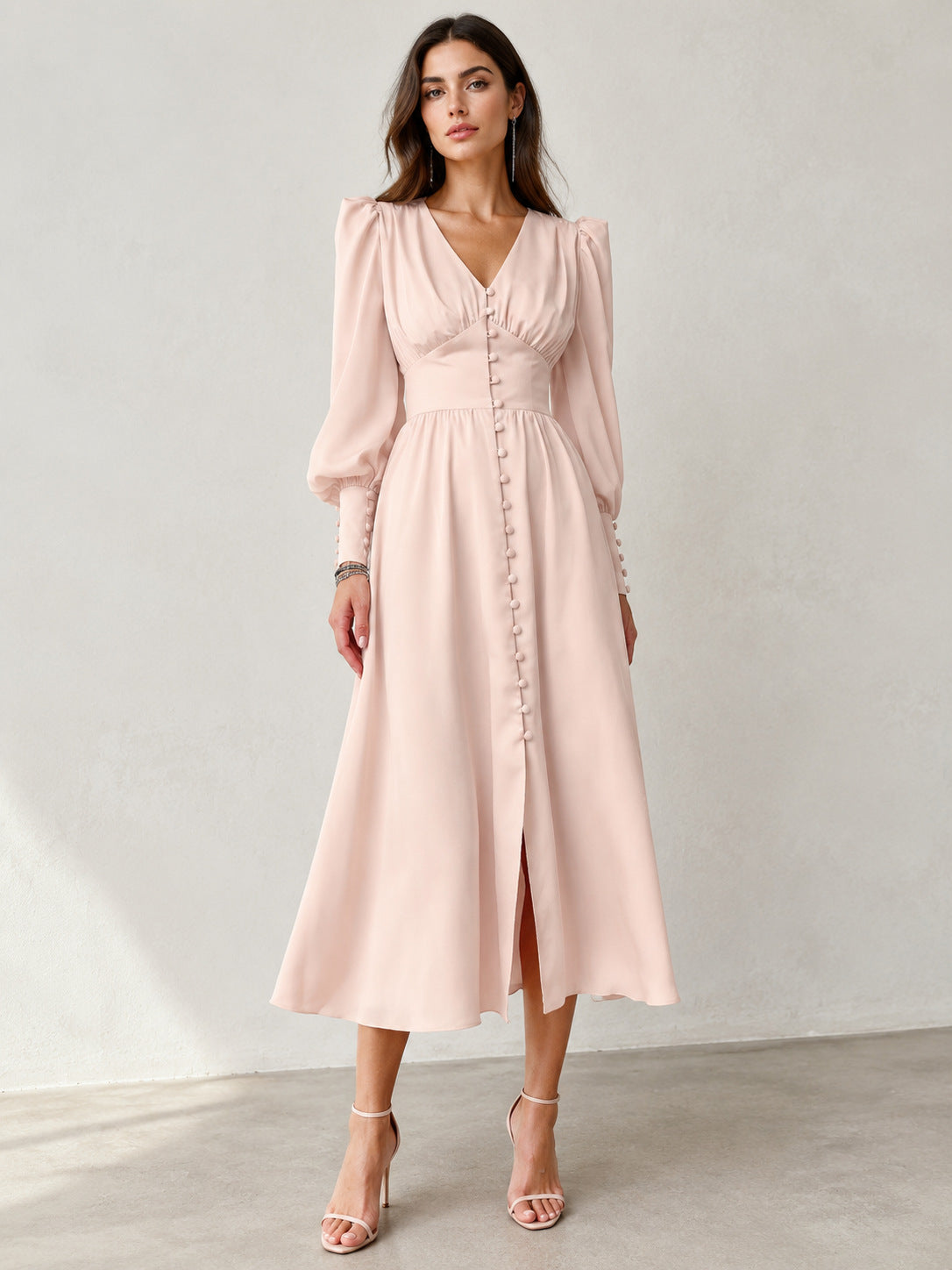 Women's V-Neck Winter Slim-Waist Satin Lantern Sleeve A-Line Dress Party Evening Outfit Day