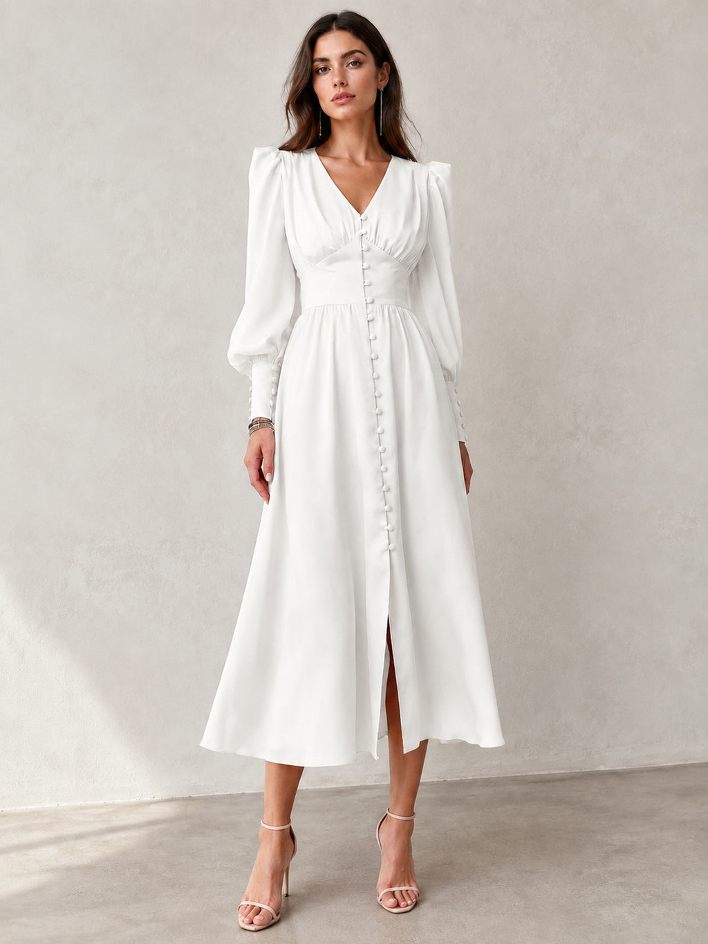 Women's V-Neck Winter Slim-Waist Satin Lantern Sleeve A-Line Dress Party Evening Outfit Day