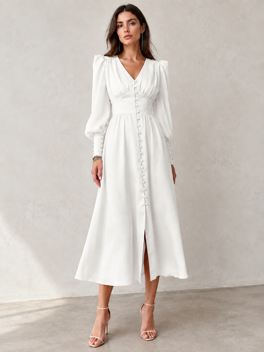 Women's V-Neck Winter Slim-Waist Satin Lantern Sleeve A-Line Dress Party Evening Outfit Day