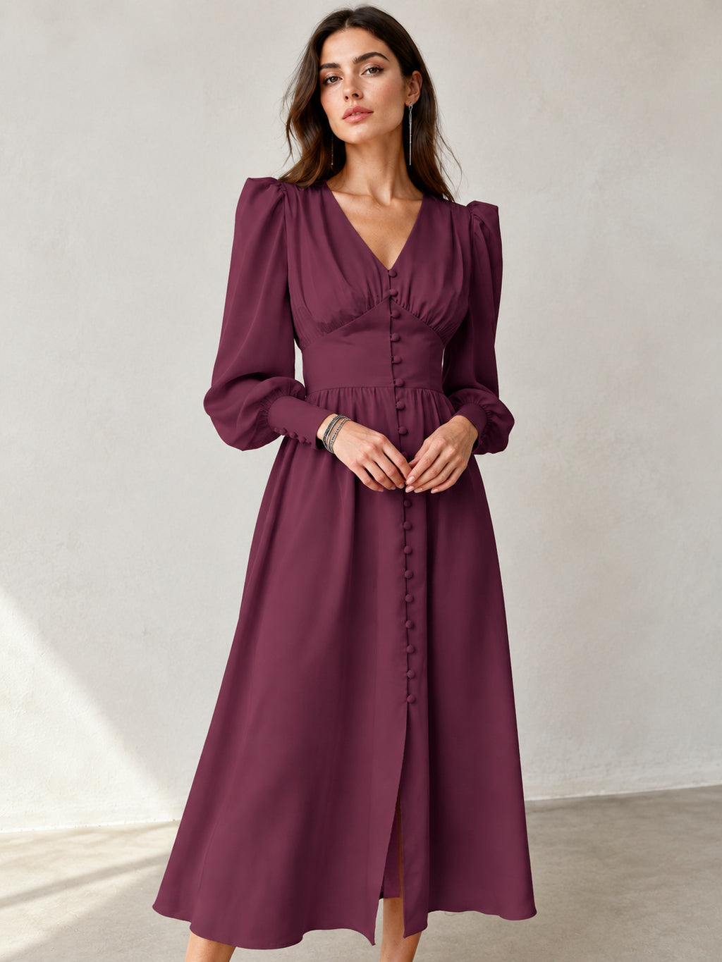 Women's V-Neck Winter Slim-Waist Satin Lantern Sleeve A-Line Dress Party Evening Outfit Day