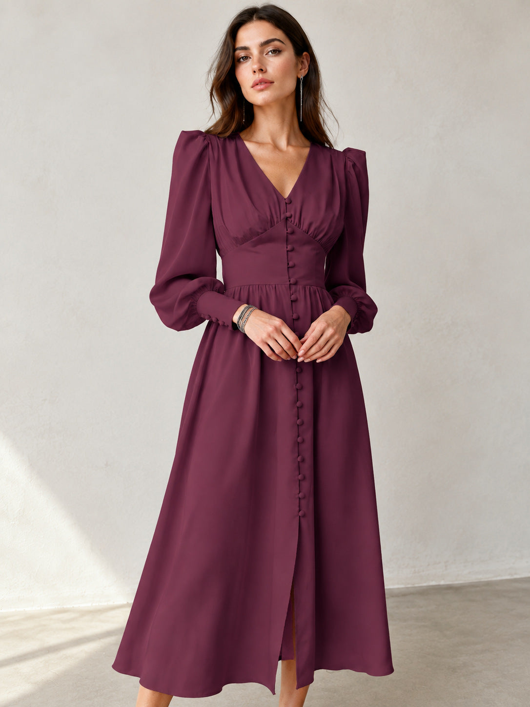 Women's V-Neck Winter Slim-Waist Satin Lantern Sleeve A-Line Dress Party Evening Outfit Day
