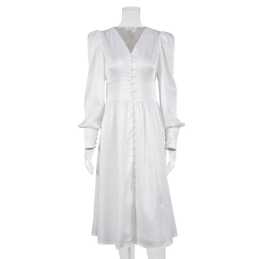 Women's V-Neck Winter Slim-Waist Satin Lantern Sleeve A-Line Dress Party Evening Outfit Day