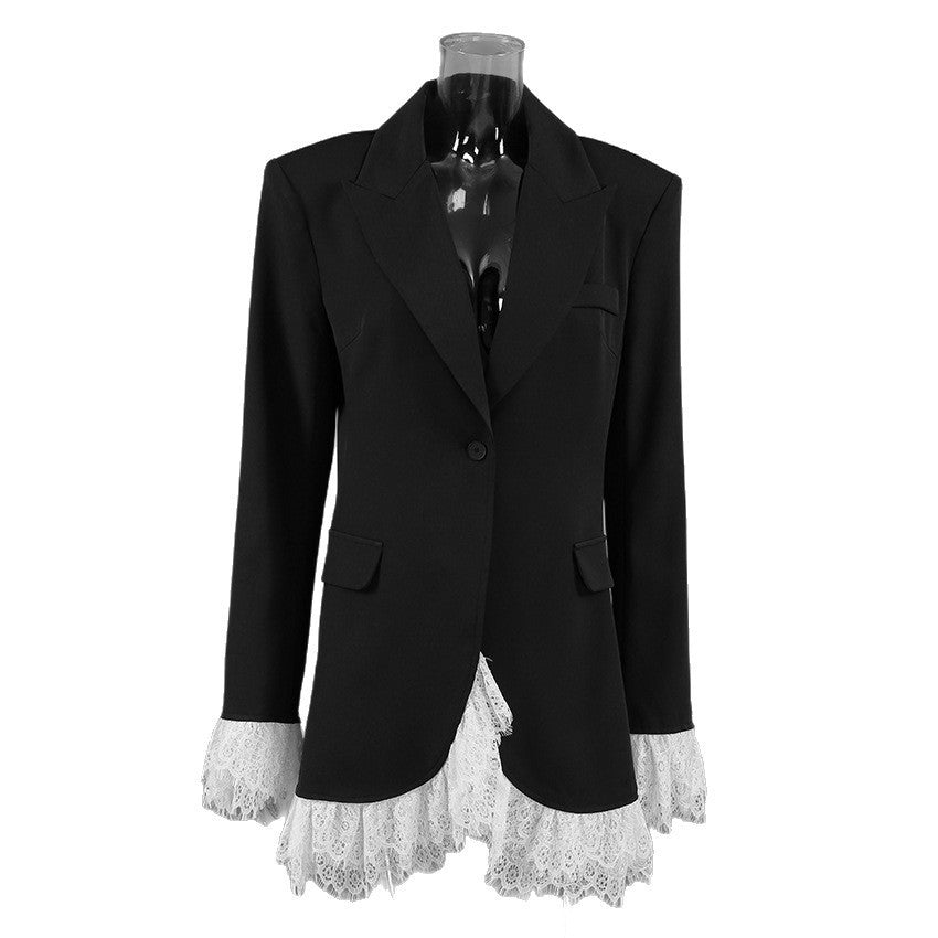 Women's Winter Black Lace Oversized Blazer Office Workwear Jacket Interview Suit Set