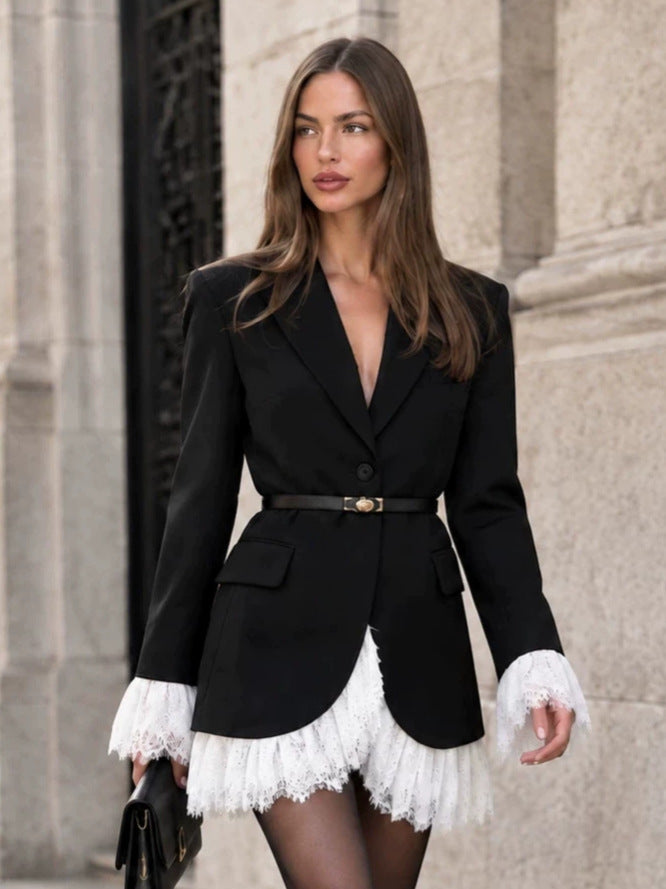 Women's Winter Black Lace Oversized Blazer Office Workwear Jacket Interview Suit Set