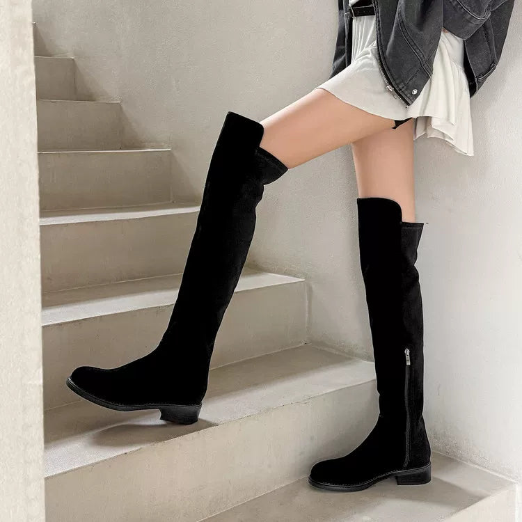 Women's Fall Winter Black Leather Block Heel Flat Slim-fit Tall Riding Boots for Office and Weekend Streetwear Everyday Wear Slimming