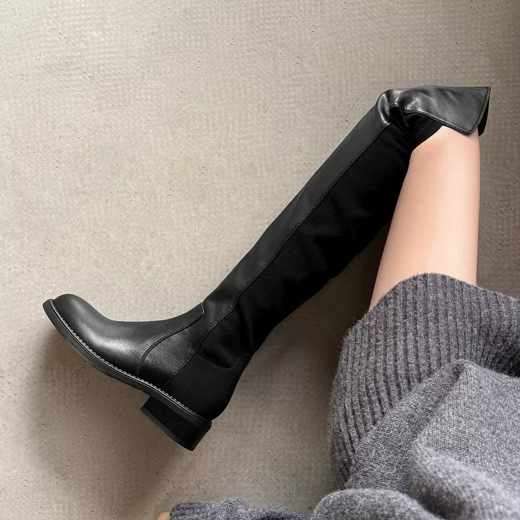 Women's Fall Winter Black Leather Block Heel Flat Slim-fit Tall Riding Boots for Office and Weekend Streetwear Everyday Wear Slimming