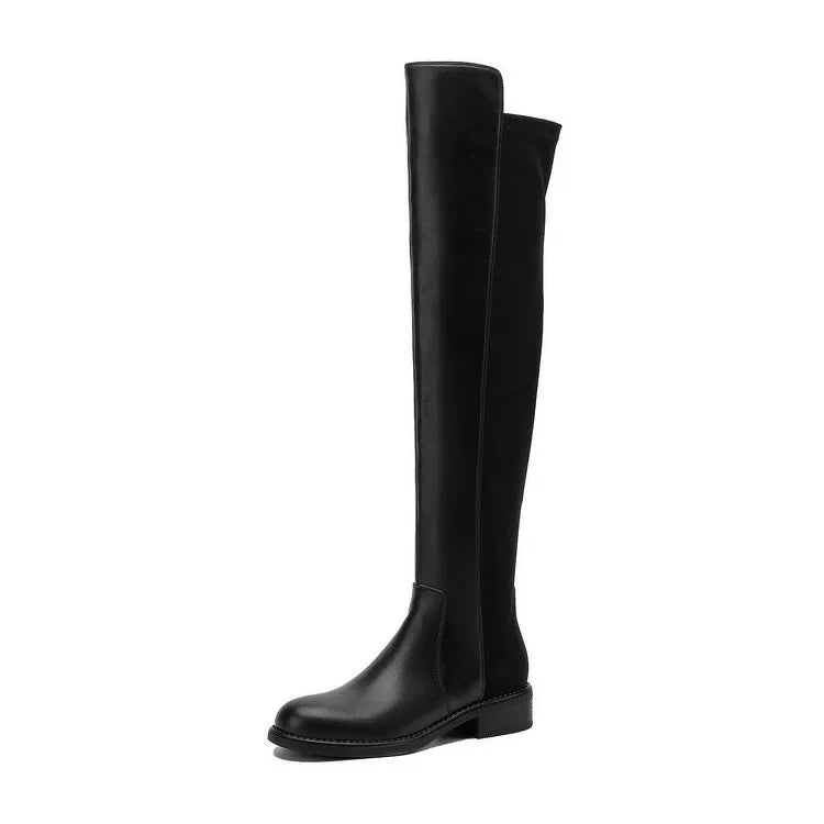 Women's Fall Winter Black Leather Block Heel Flat Slim-fit Tall Riding Boots for Office and Weekend Streetwear Everyday Wear Slimming
