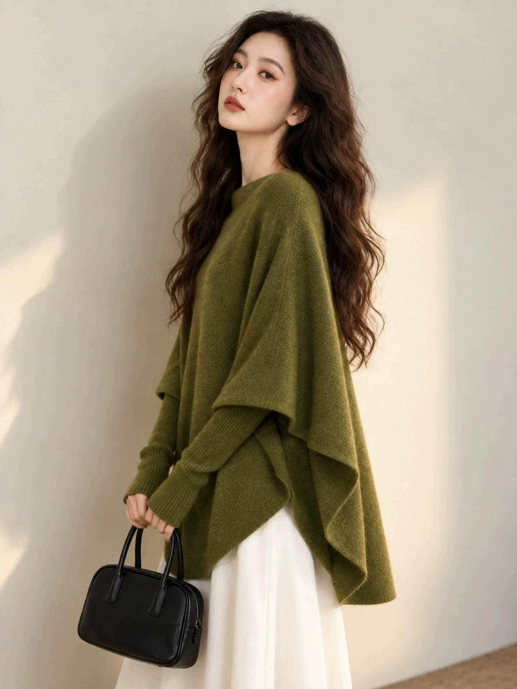 Women's Long Sleeve Asymmetric Knit Cape Shawl for Fall Winter Evening Office and Travel Gift