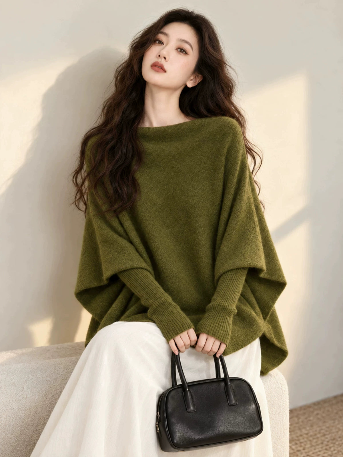 Women's Long Sleeve Asymmetric Knit Cape Shawl for Fall Winter Evening Office and Travel Gift