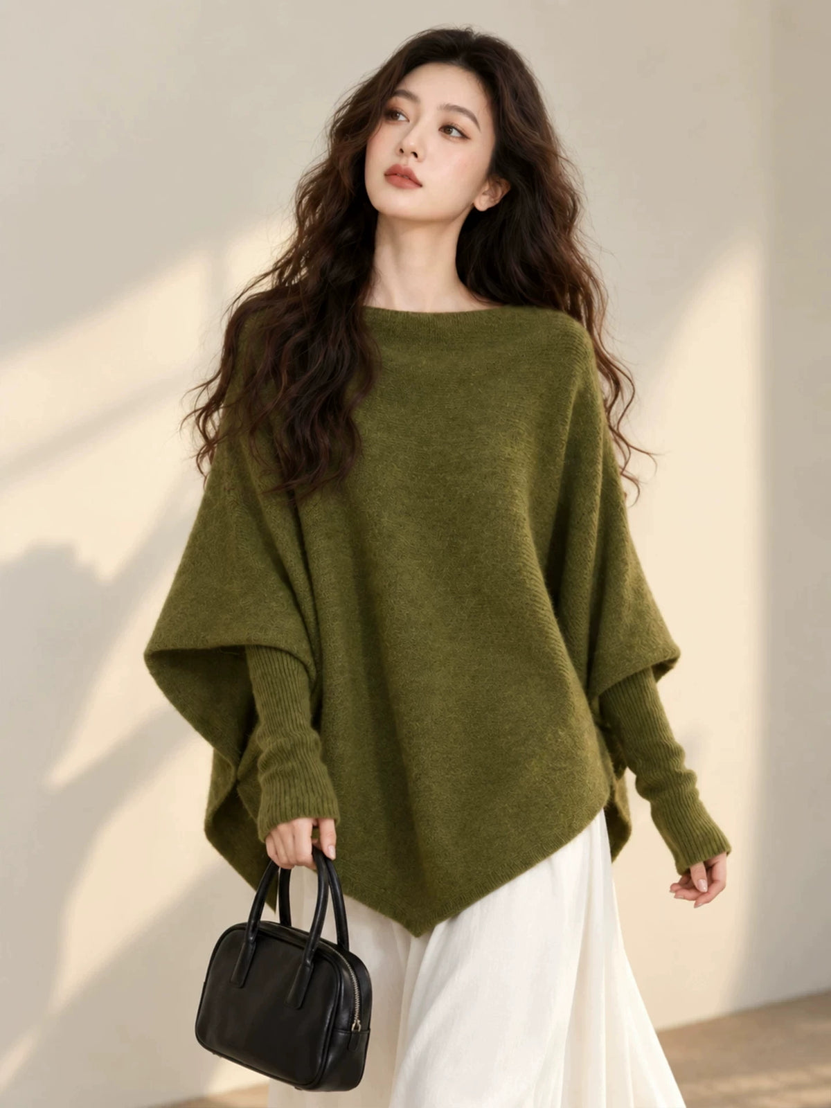 Women's Long Sleeve Asymmetric Knit Cape Shawl for Fall Winter Evening Office and Travel Gift